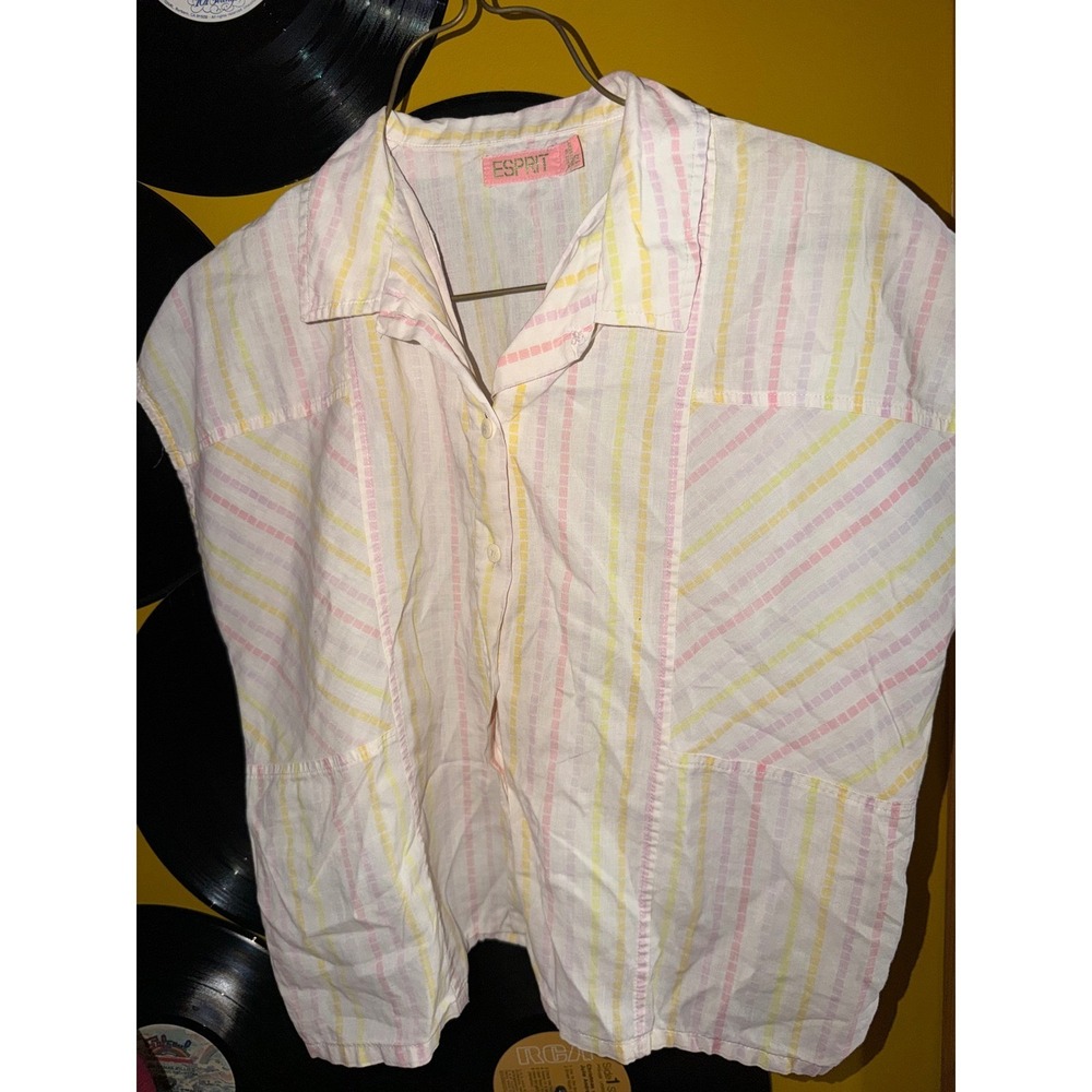Vintage Esprit Kids Girls Pink Yellow Striped Button Up Shirt Size 14 Pastel